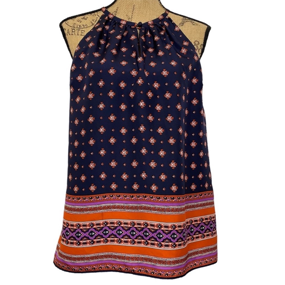 J. Crew Silk Navy Medallion Blouse w/ Keyhole & Button Closure- size 10